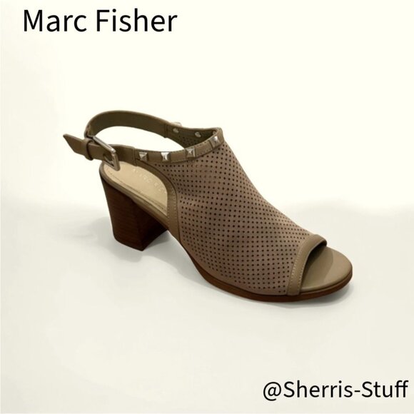 Marc Fisher Parso Suede Studded Wood Block Heel Slingback Taupe Sandals 6.5M - Picture 2 of 10